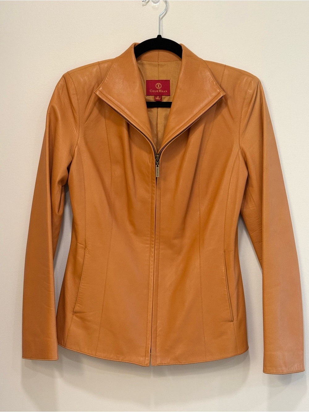 Vintage Y2K Cole Haan Women's Caramel Lambskin Size 2 Leather Zip Jacket